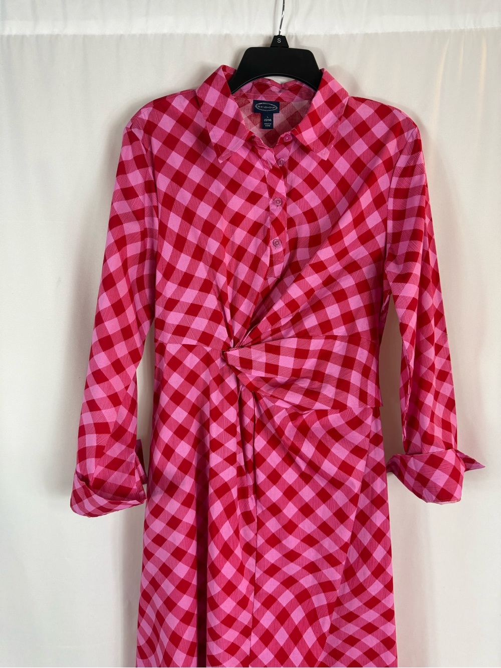 Scoop women dress Red Pink Gingham Twist-Waist Midi Shirt Dress size: L - Picture 6 of 17